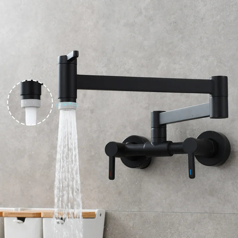 Black matte wall mounted single hole kitchen faucet with flexible gooseneck and dual handles including spray nozzle