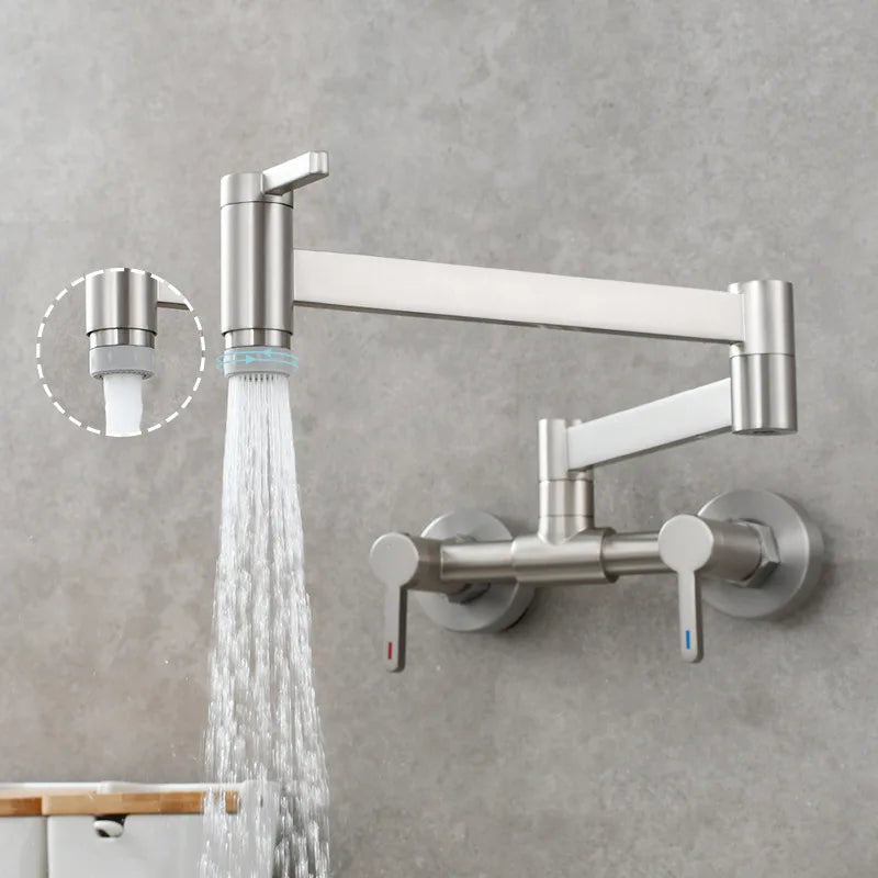 Stainless steel wall mounted single hole gooseneck kitchen faucet with adjustable spray nozzle and modern design