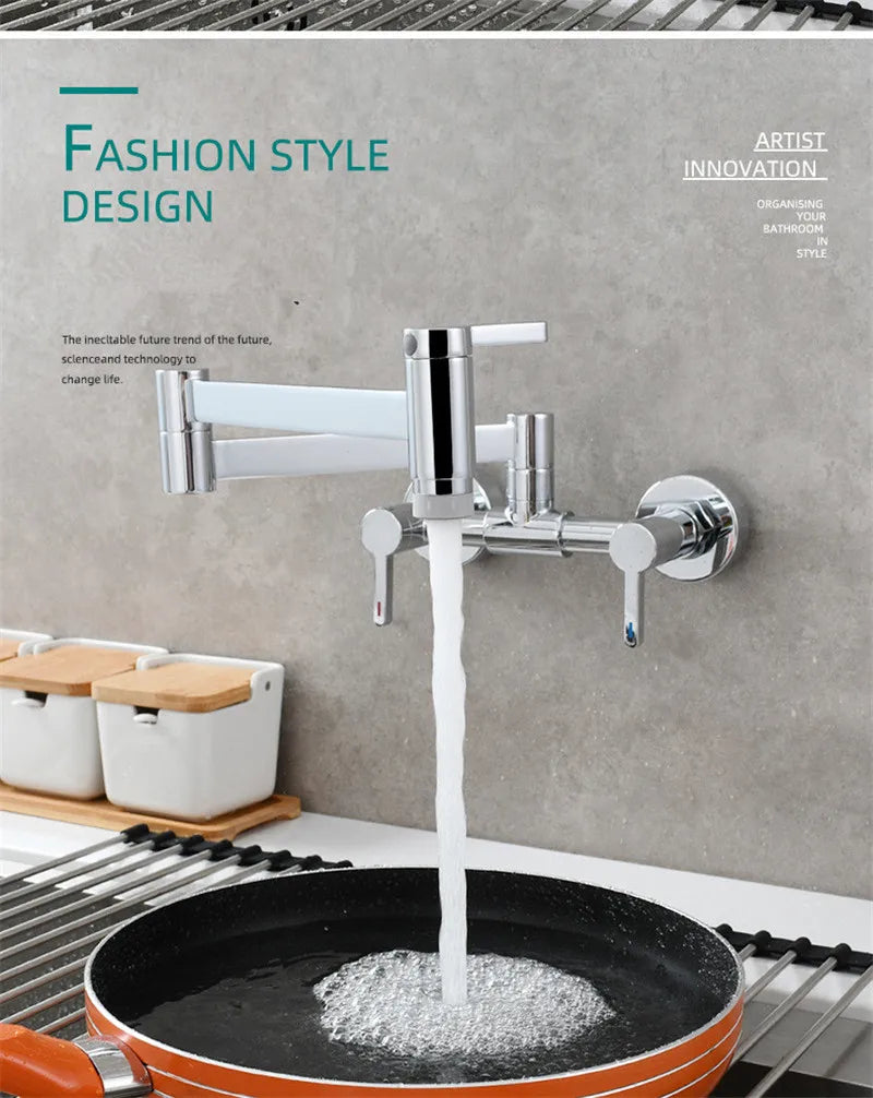Chrome-finished wall mounted pot filler tap with extendable folding spout single hole installation for kitchen sink