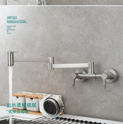 Stainless steel wall mounted single hole pot filler tap with extendable brushed gold folding spout and dual handles