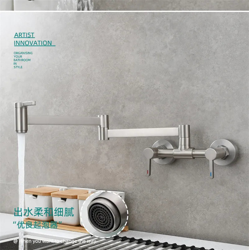 Stainless steel wall mounted single hole pot filler tap with extendable brushed gold folding spout and dual handles