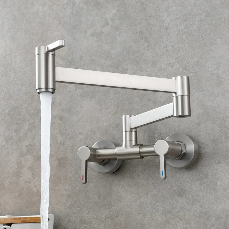 Stainless steel wall mounted single hole pot filler tap with articulated arms dual handles in brushed gold brass finish