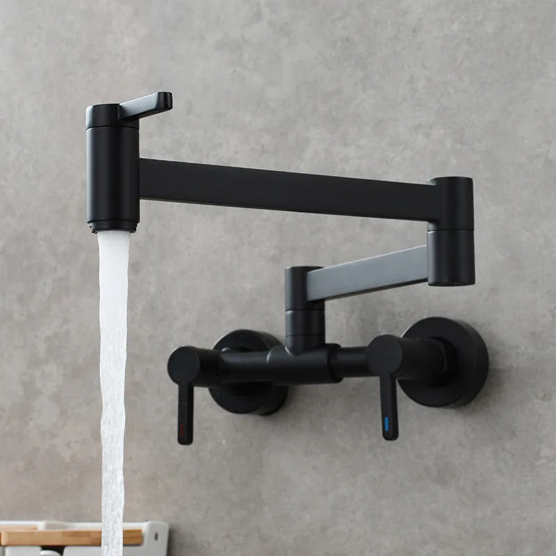 Black matte finish wall mounted single hole kitchen pot filler tap with foldable articulated arm and dual handles