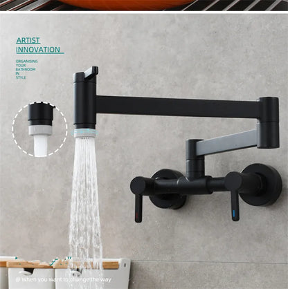 Black matte wall mounted single hole pot filler tap with foldable articulated arm and dual handles for kitchen use