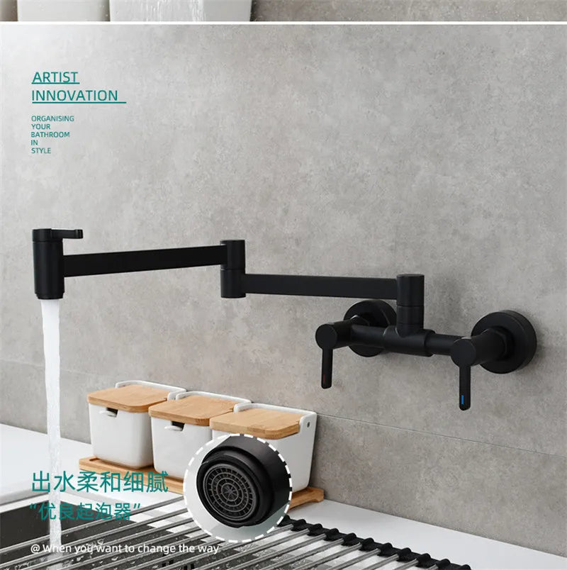Black matte single hole wall mounted extendable kitchen faucet with circular spray head and modern design
