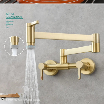 Gold-colored wall mounted pot filler tap with foldable articulated spout and dual handles single hole sink faucet