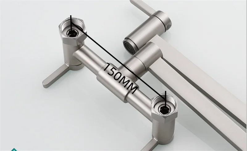 Silver metallic pipe wrench with hexagonal sockets and 150mm marked paired with wall mounted single hole pot filler tap