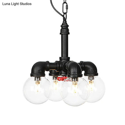 Praecipua - Black Metallic Black Hanging Lighting Piping 3/4 Heads Vintage LED Chandelier Pendant Lamp with Ball Clear Glass Shade for Bar