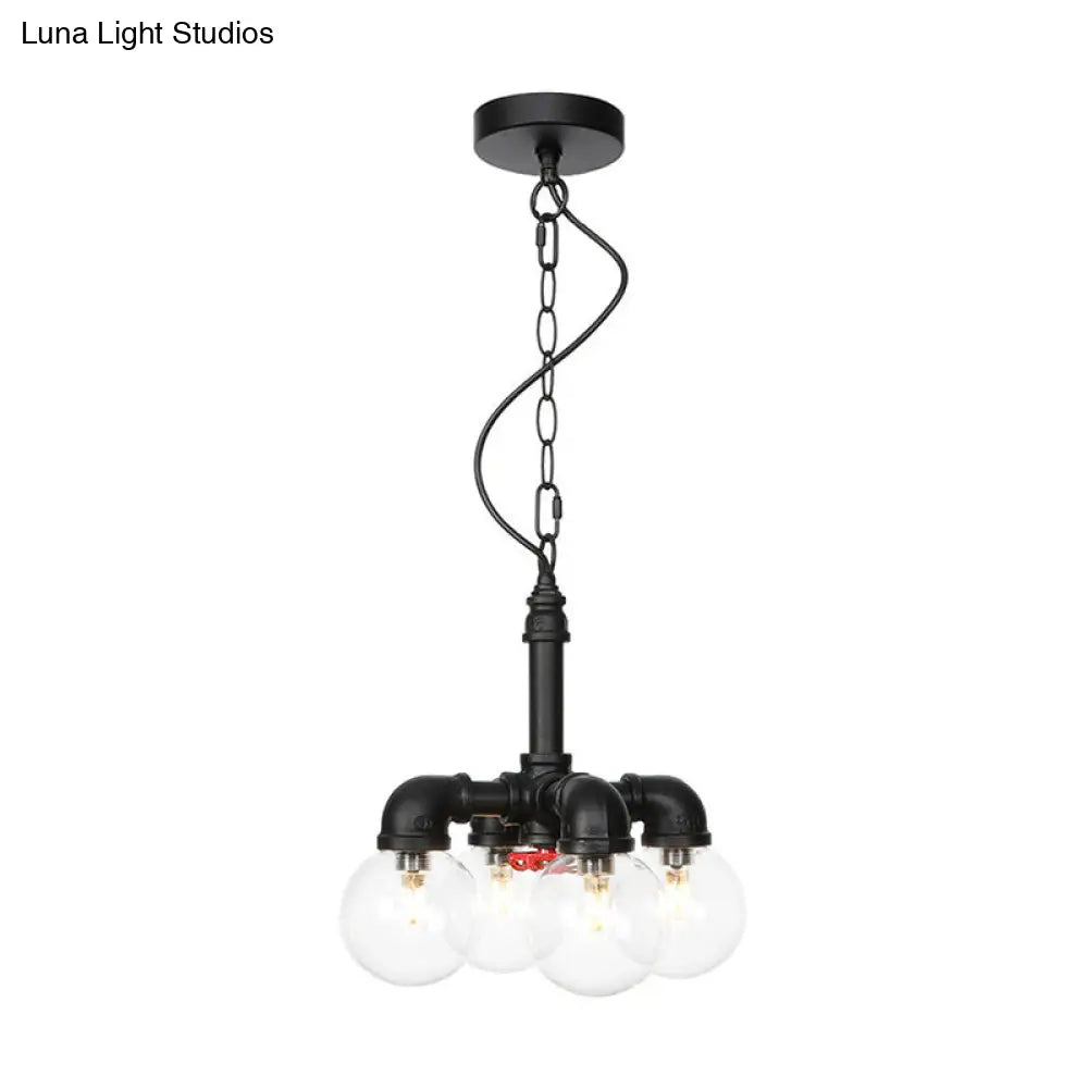 Praecipua - Black Metallic Black Hanging Lighting Piping 3/4 Heads Vintage LED Chandelier Pendant Lamp with Ball Clear Glass Shade for Bar