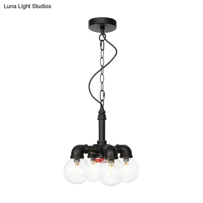 Praecipua - Black Metallic Black Hanging Lighting Piping 3/4 Heads Vintage LED Chandelier Pendant Lamp with Ball Clear Glass Shade for Bar