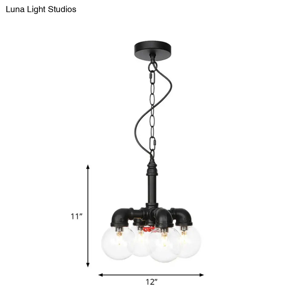 Praecipua - Black Metallic Black Hanging Lighting Piping 3/4 Heads Vintage LED Chandelier Pendant Lamp with Ball Clear Glass Shade for Bar