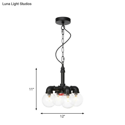 Praecipua - Black Metallic Black Hanging Lighting Piping 3/4 Heads Vintage LED Chandelier Pendant Lamp with Ball Clear Glass Shade for Bar