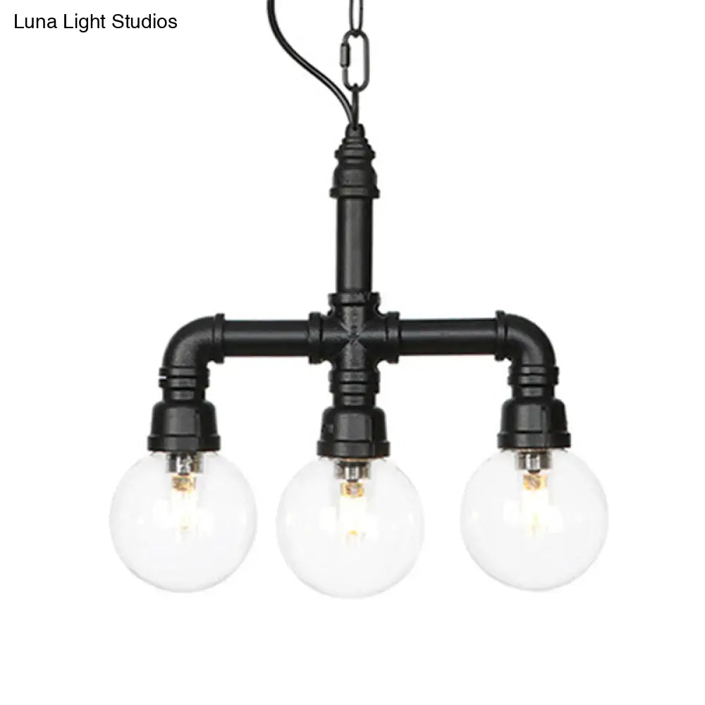 Praecipua - Black Metallic Black Hanging Lighting Piping 3/4 Heads Vintage LED Chandelier Pendant Lamp with Ball Clear Glass Shade for Bar