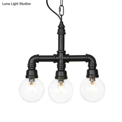 Praecipua - Black Metallic Black Hanging Lighting Piping 3/4 Heads Vintage LED Chandelier Pendant Lamp with Ball Clear Glass Shade for Bar