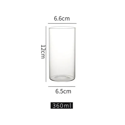 Clear glass highball cup measuring 12cm tall and 6.6cm diameter holding 360ml in premium glass highball cup set