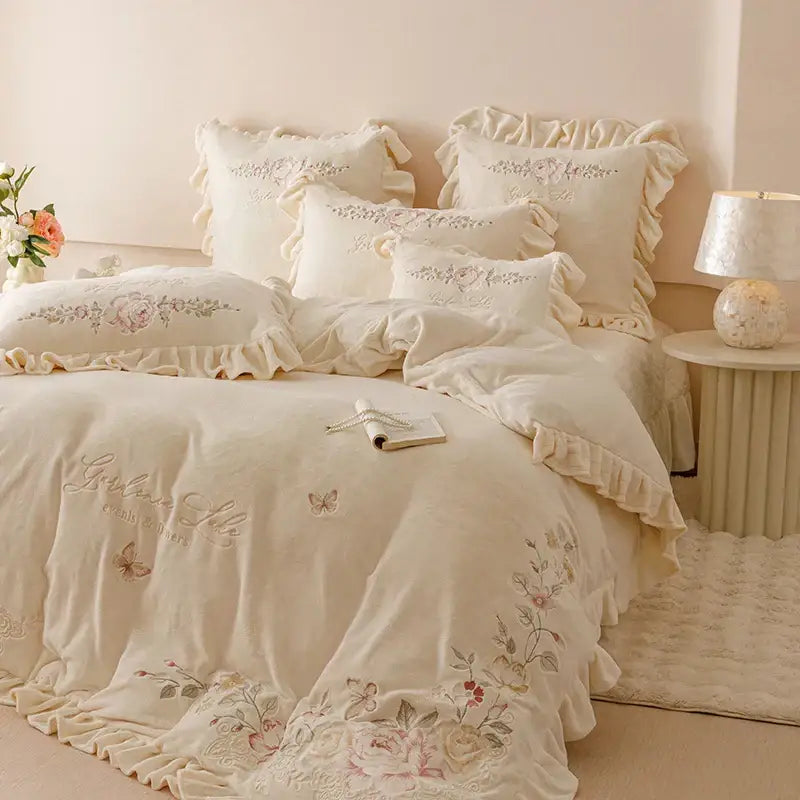 Cream-colored velvet bedding set with delicate flowers embroidery ruffles and charming ruffled edges for bedroom decor
