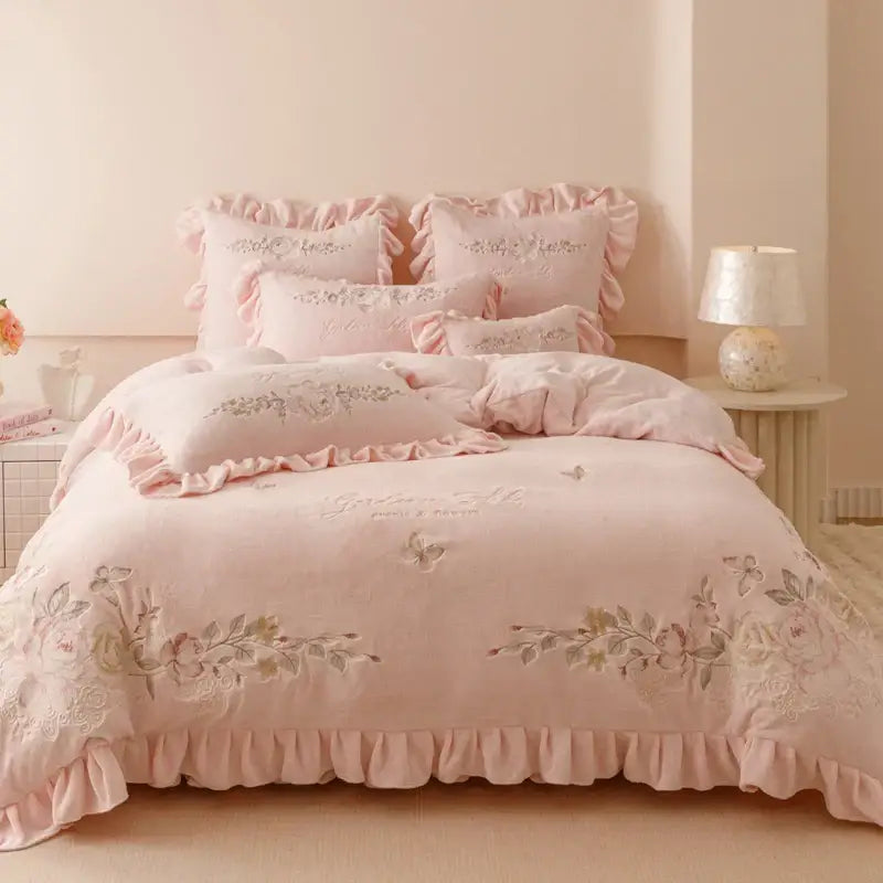 Pink floral comforter bedding set with delicate embroidery ruffles and botanical flowers embroidery ruffles design