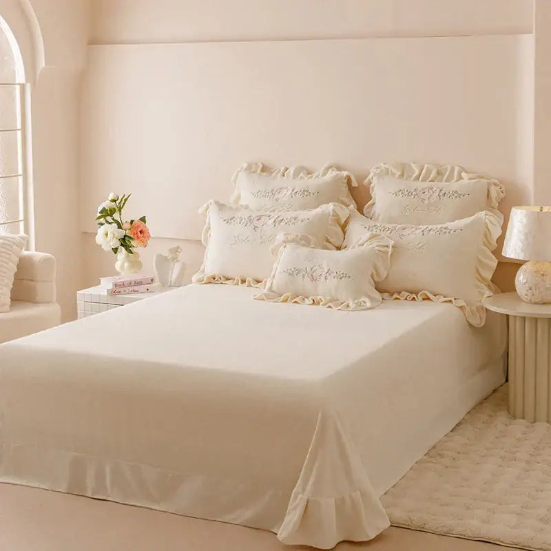 Cream-colored satin bedding set with embroidery ruffles and flowers embroidery ruffles pillows for bedroom decor
