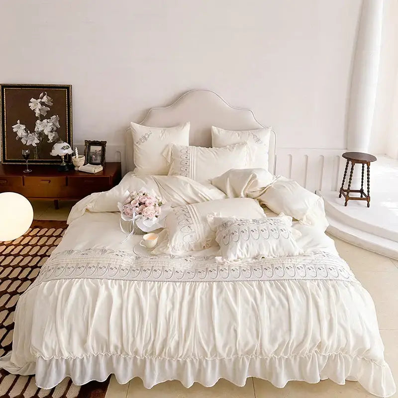 Cream-colored ruffled bedding set with delicate princess wedding decorbites flowers embroidery for elegant bedroom decor