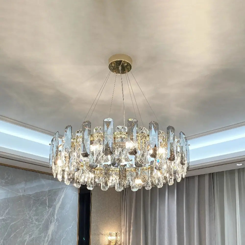 Prismatic Crystal Chandelier Pendant: Minimalist Round Brass Finish Hanging Light