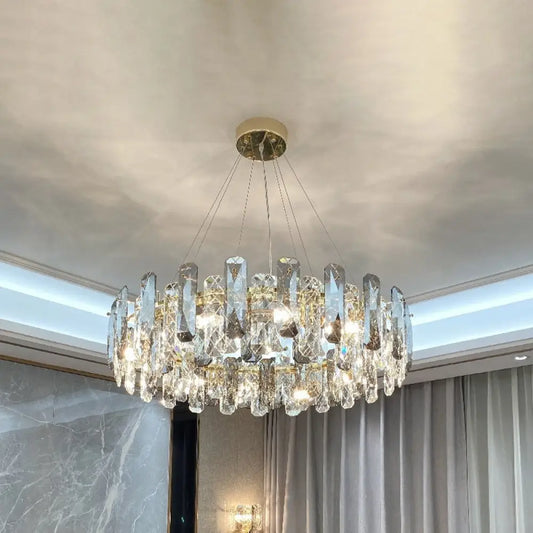 Prismatic Crystal Chandelier Pendant: Minimalist Round Brass Finish Hanging Light