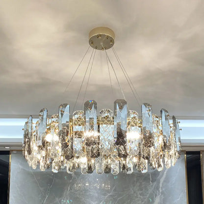 Prismatic Crystal Chandelier Pendant: Minimalist Round Brass Finish Hanging Light