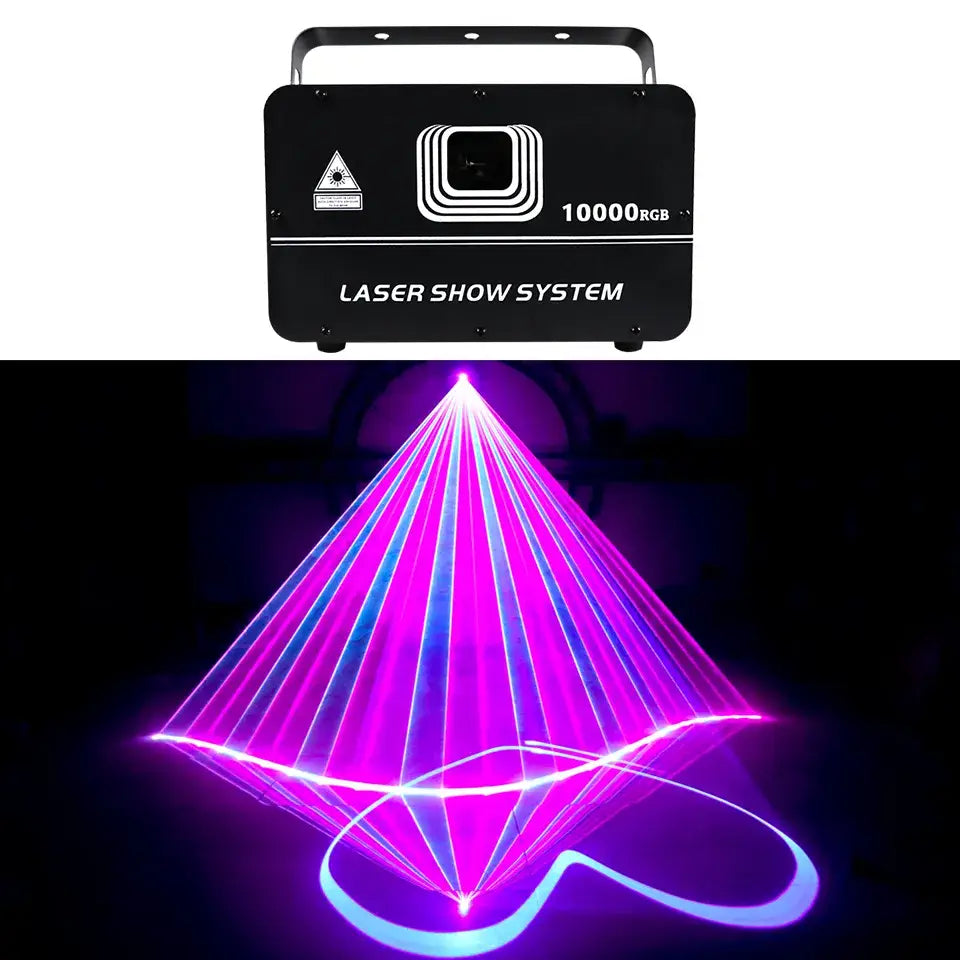 Black rectangular decorbites 10w rgb laser show system projecting vibrant purple and blue beams in diamond pattern