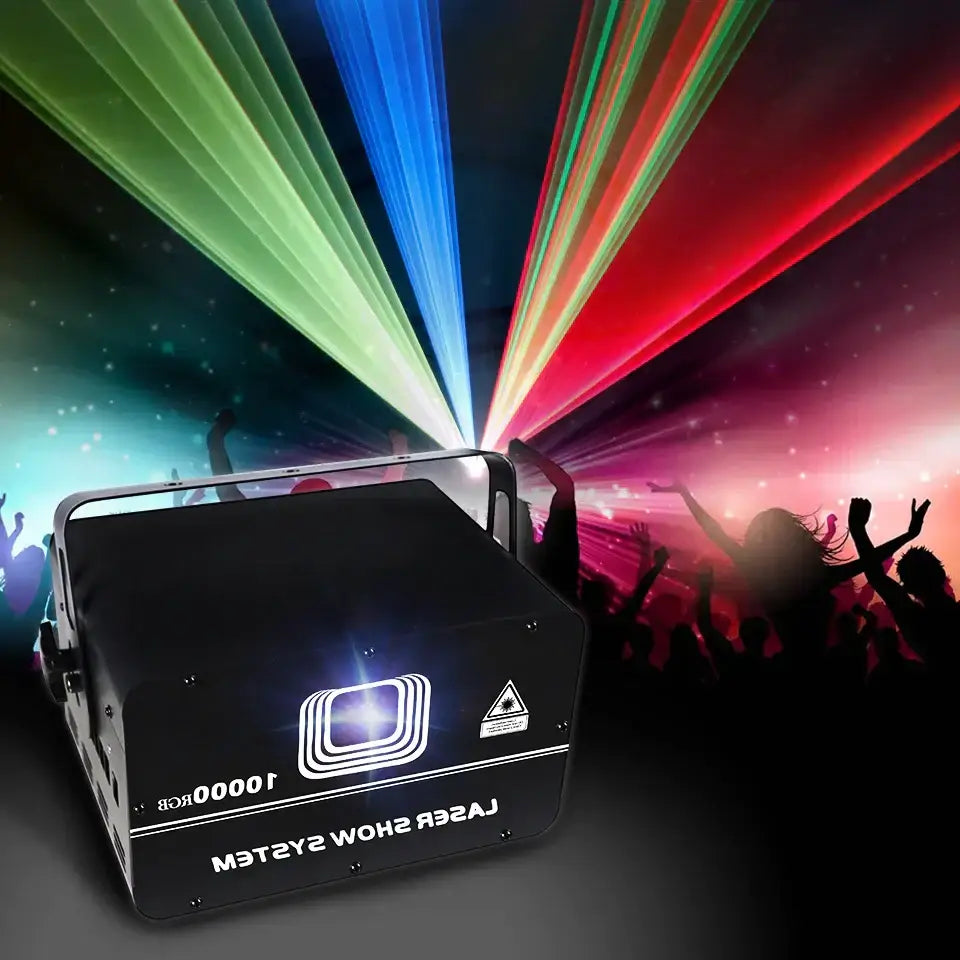 Black rectangular professional decorbites 10w rgb laser light projector with white branding and glowing light effect