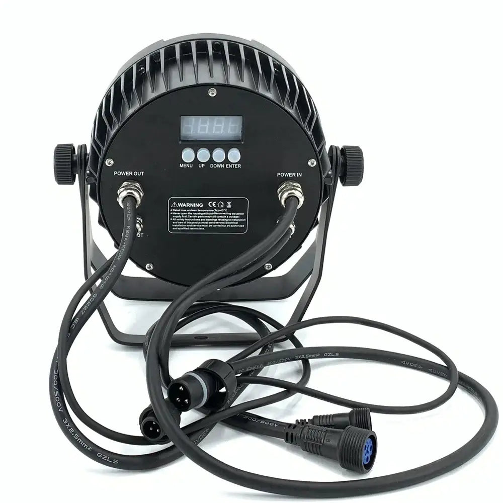 Black circular 18x18w rgbwa par lights back with digital display control buttons power connectors and cooling fins for stage wash