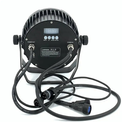 Black circular 18x18w rgbwa par lights back with digital display control buttons power connectors and cooling fins for stage wash