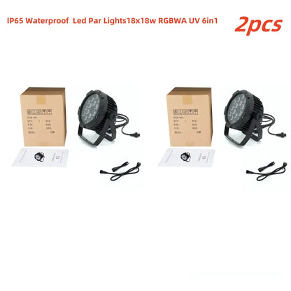 Black ip65 waterproof professional 18x18w rgbwa uv par lights with 6-in-1 leds mounted on black brackets for stage wash