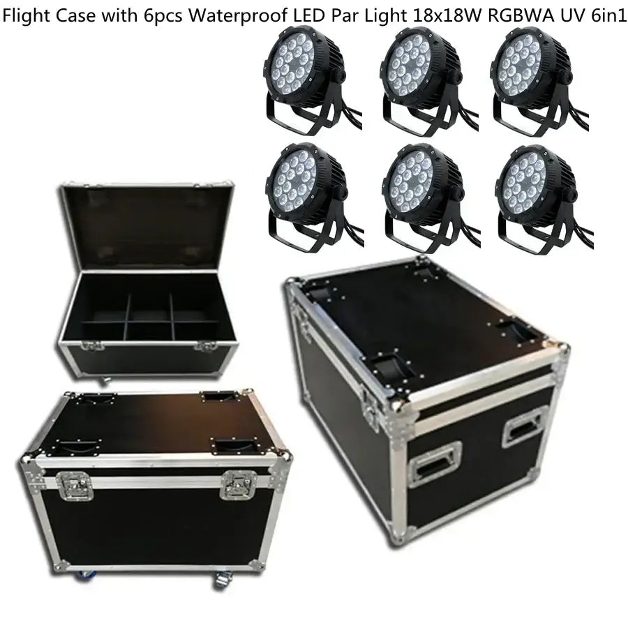 Black flight case with silver metal edges designed to hold six waterproof 18x18w rgbwa par lights for stage wash