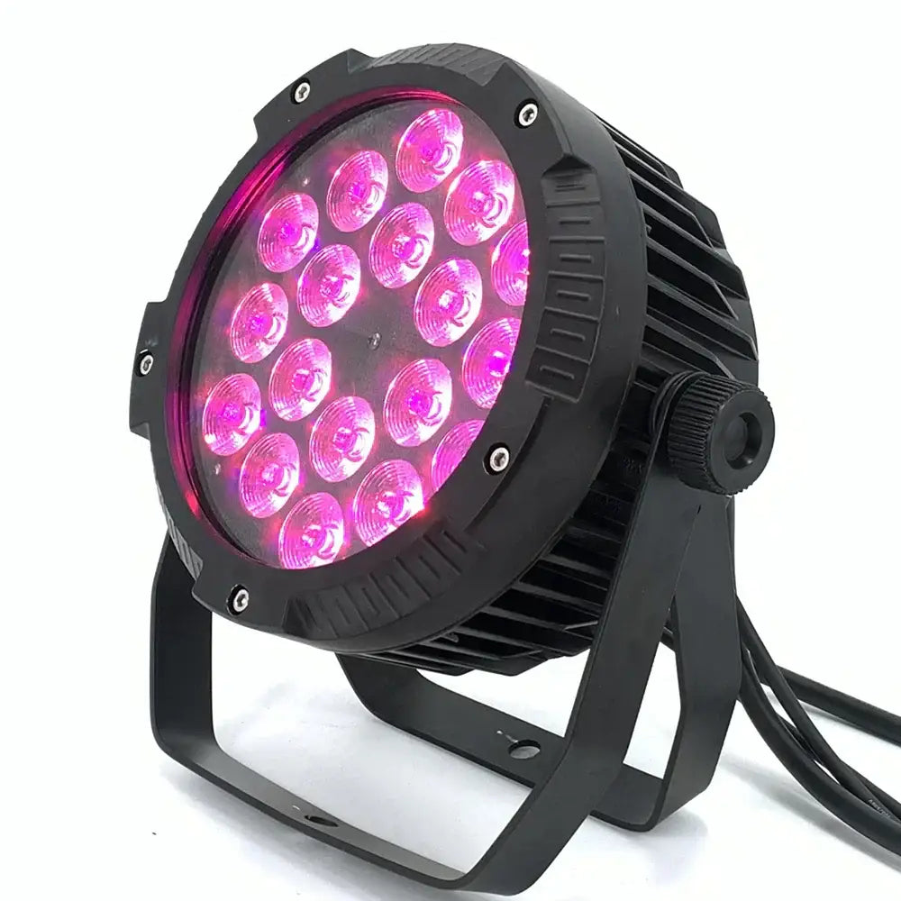 Black circular 18x18w rgbwa par lights with 18 pink leds in a grid pattern for professional stage wash lighting