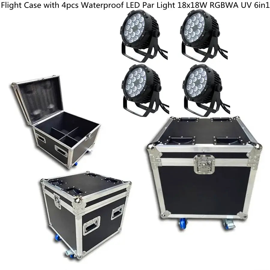 Black flight case with silver aluminum trim and blue wheels for securely transporting 18x18w rgbwa par lights