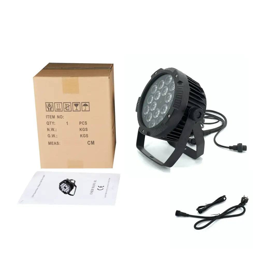 Black led professional 18x18w rgbwa par lights with 16 bright bulbs in a rugged metal casing for stage wash lighting