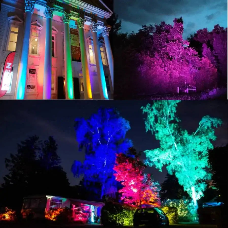 Colorful 18x18w rgbwa uv pink par lights illuminating a classical building and trees with vibrant rainbow hues at night