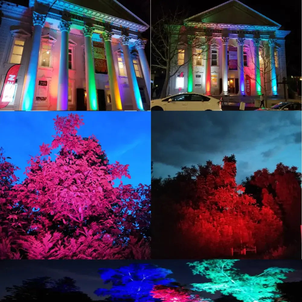 Professional 18x18w rgbwa uv pink par lights illuminating classical building with rainbow colors at night for stage wash