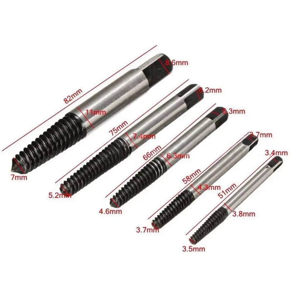 Set of five professional alloy steel extractor drill bits with black threaded tips and hexagonal handles for garage use