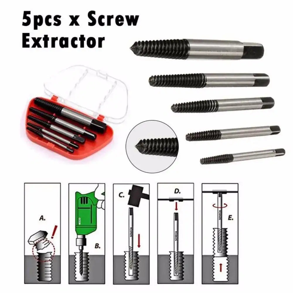 Set of five stainless steel extractor drill bits with black threaded tips and hexagonal handles for professional use