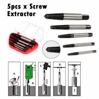 Set of five stainless steel extractor drill bits with black threaded tips and hexagonal handles for professional use