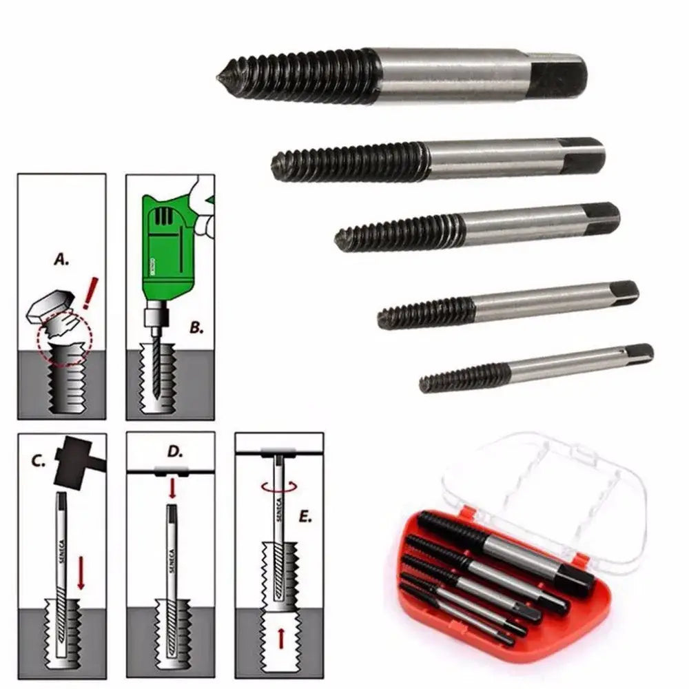 Set of five stainless steel and black plastic extractor drill bit tools in a red case for professional alloy steel use