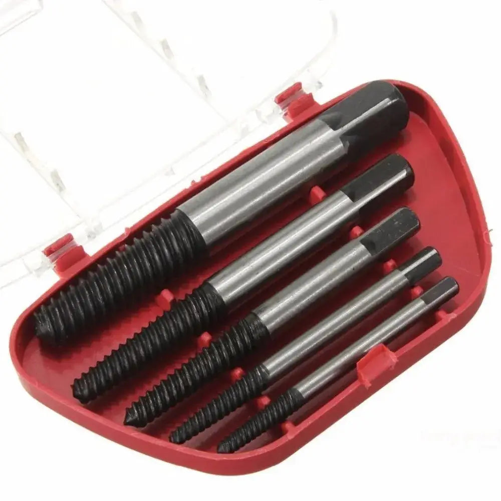 Set of four professional alloy steel extractor drill bits with black threaded tips in red plastic case for garage tool use
