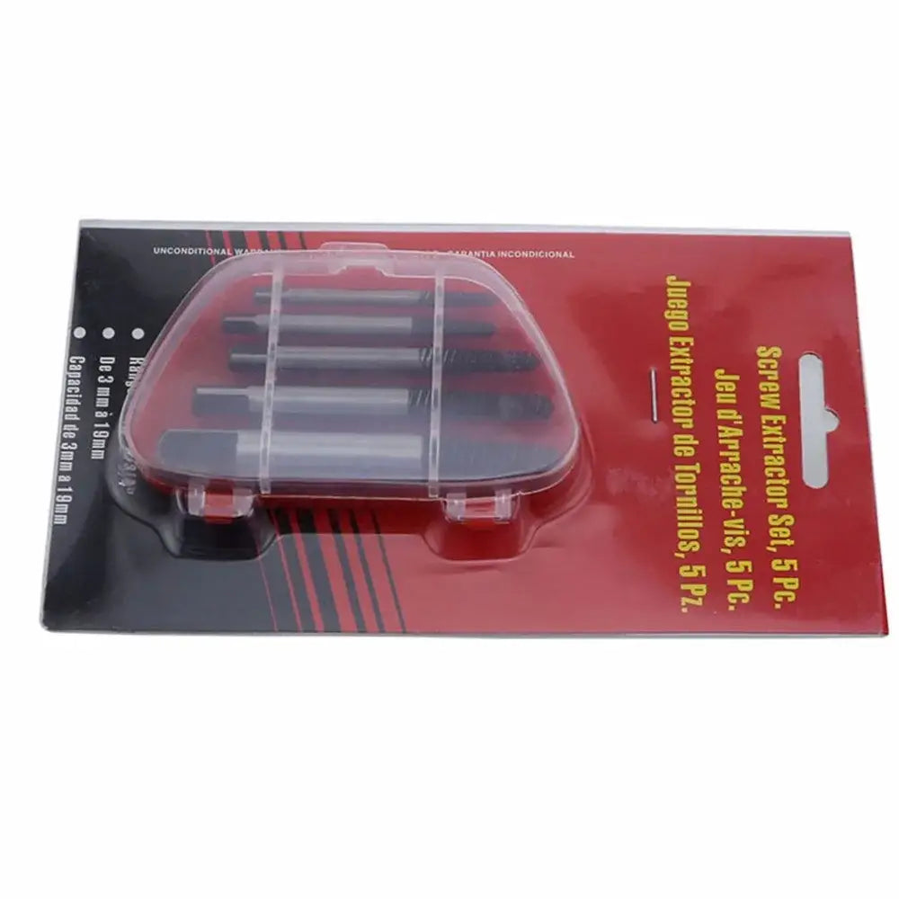 Professional alloy steel extractor drill bit set in red and black packaging with five metallic tools for garage use