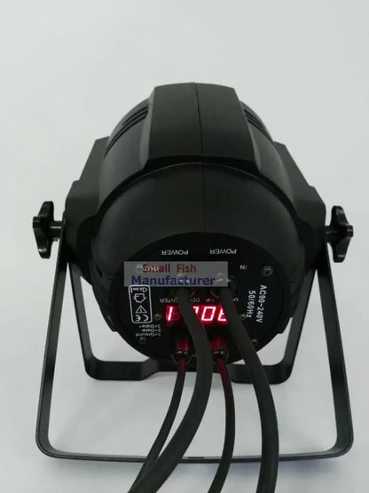 Black professional 100w cob led par light with barn doors showing digital display and power input ports on the back side