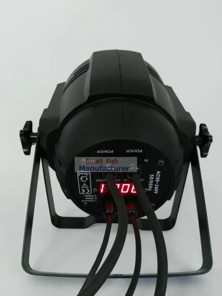 Black professional 100w cob led par light with barn doors showing digital display and power input ports on the back side