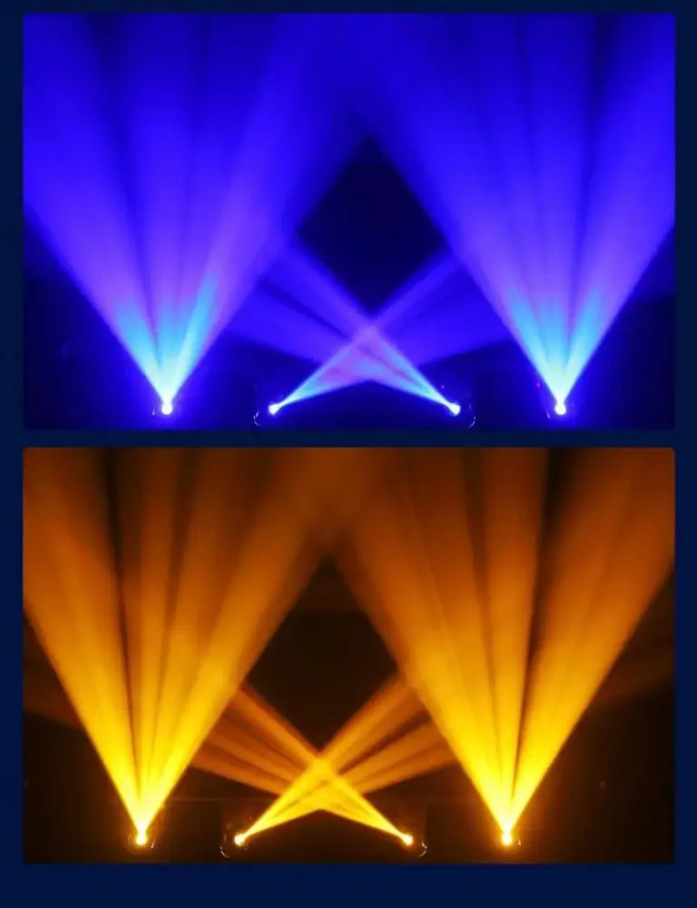 Professional black 120w led beam spot moving head stage light casting blue and yellow beams in dark performance space decorbites 120w led