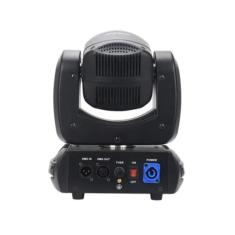 Professional black 120w led beam spot moving head stage light with sleek angular design and ventilation slots by decorbites