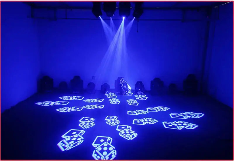 White dice projections illuminated by blue stage lights from decorbites 120w led moving head stage light for living room