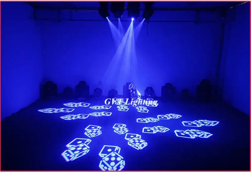 Professional black decorbites 120w led spot moving head light casting blue laser dice patterns on dark room floor