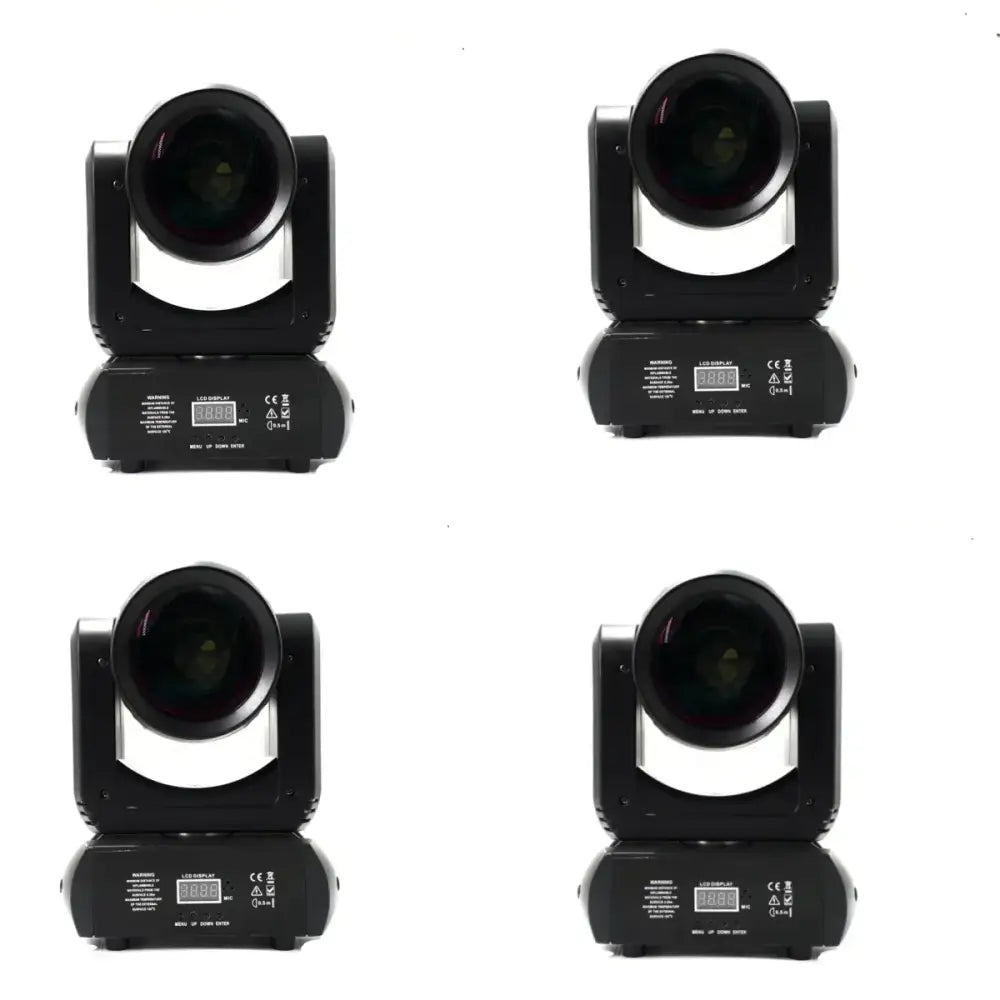 Four black 150w mini led moving head stage lights with digital displays and adjustable lenses for disco use